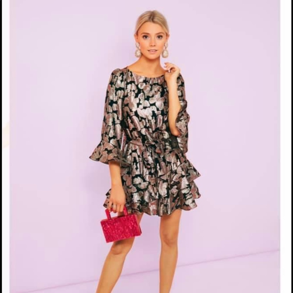 Saloni Marissa Metallic Brocade Dress in Rose Purl